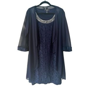 R&M Richards Flyaway Jacket & Beaded Neck Dress Set Navy 16